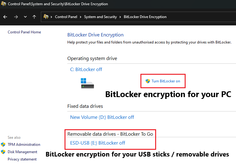 BitLocker settings on Windows 11