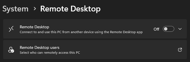 Windows Remote Desktop settings