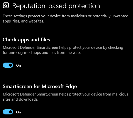 Windows security and reputation-based protection settings