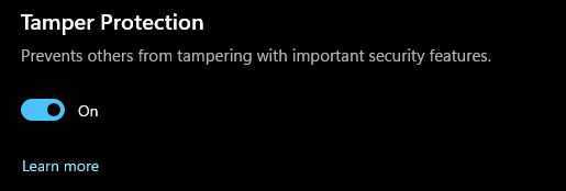 Windows tamper protection in virus & threat protection settings