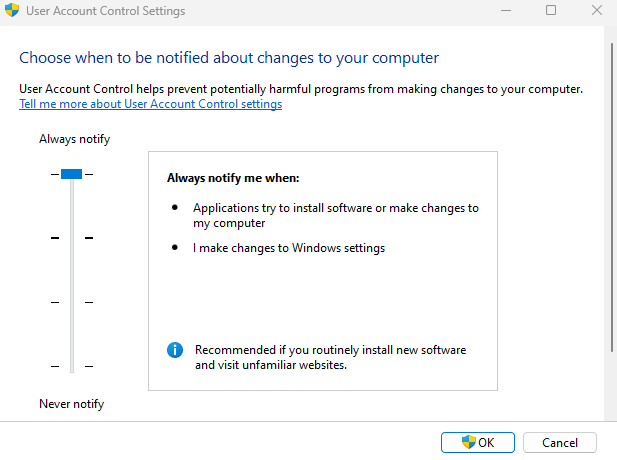 Windows User Account Control (UAC) settings