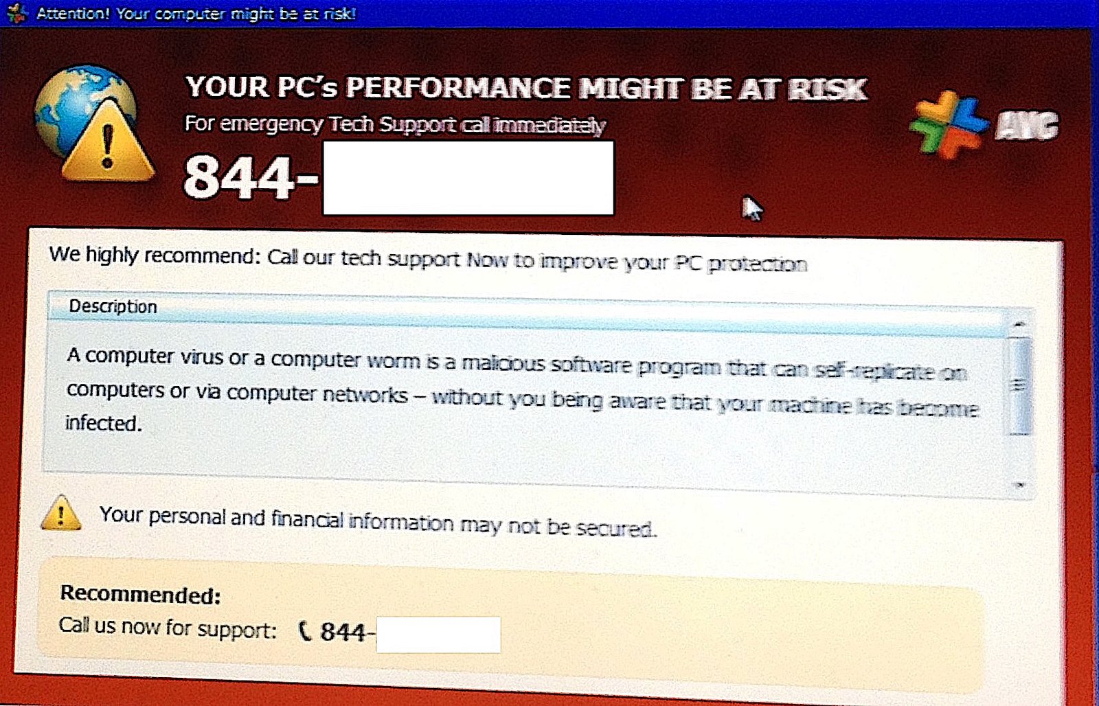 Fake antivirus warning scam on a computer screen