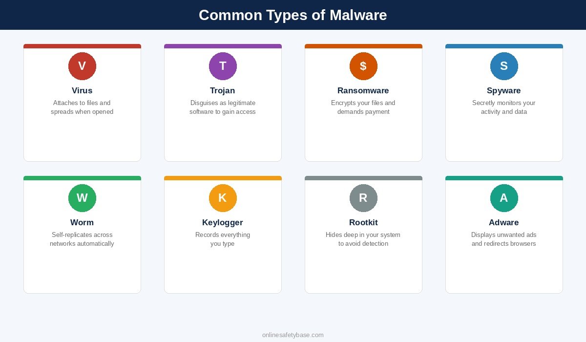 Common types of malware including viruses, trojans, ransomware, spyware, worms, keyloggers, rootkits and adware